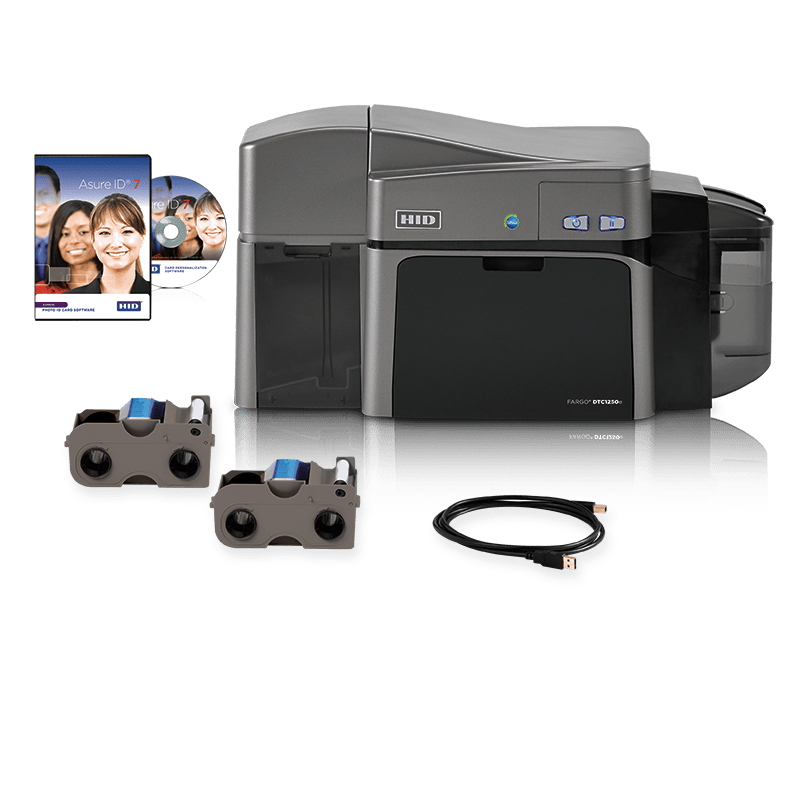 An HID Fargo DTC1250e base card printer with accessories and software.