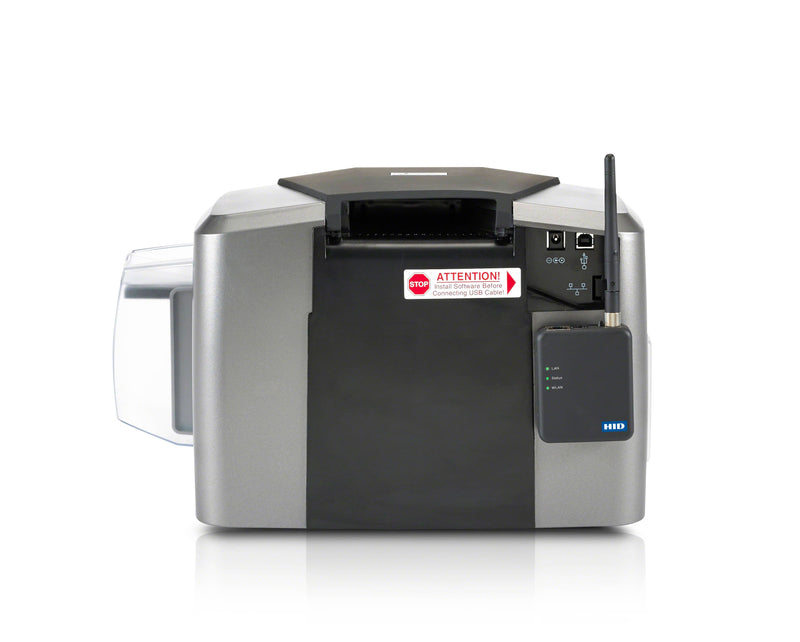 An HID Fargo DTC1250e base model card printer with WI-FI adapter back facing.