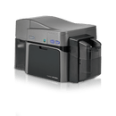 An HID Fargo-DTC1250e dual-hopper card printer front facing left angled.