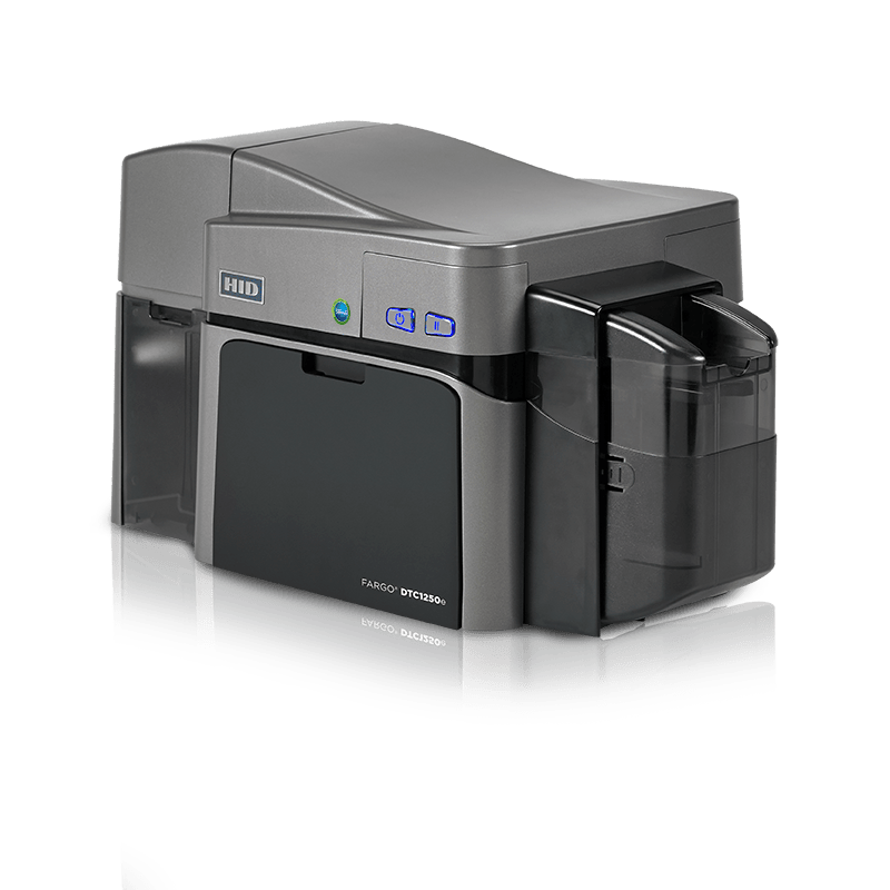 An HID Fargo-DTC1250e dual-hopper card printer front facing left angled.