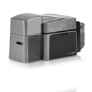 An HID Fargo DTC1250e dual-hopper card printer front facing right angled.