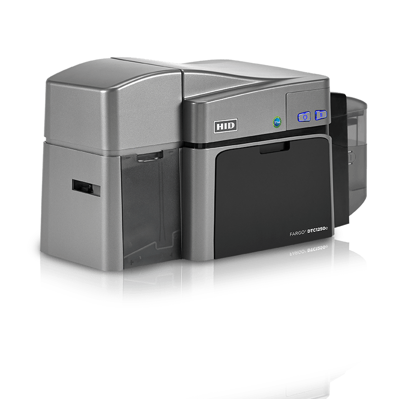 An HID Fargo DTC1250e dual-hopper card printer front facing right angled.
