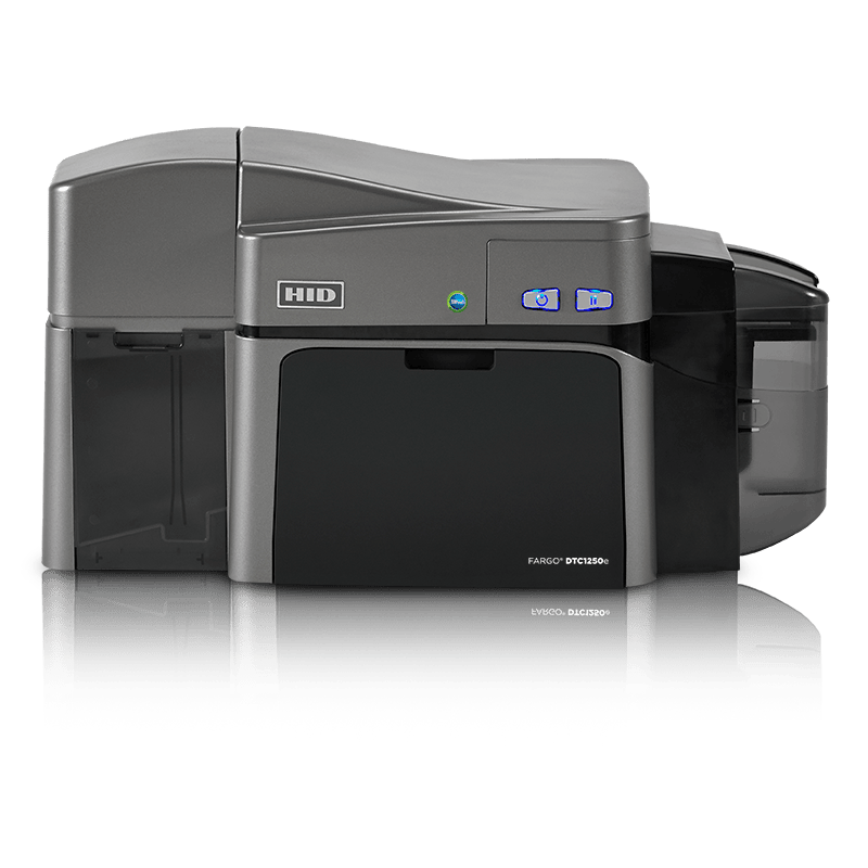 An HID Fargo DTC1250e dual-hopper card printer front facing.