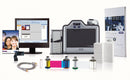 An HID Fargo HDP5000 card printer with accessories and software.