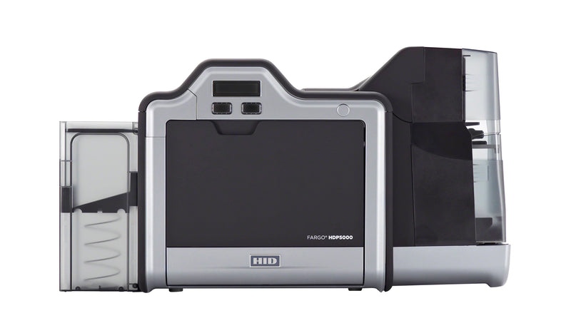 An HID Fargo HDP5000 dual hopper card printer front facing.