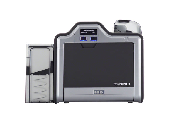 An HID Fargo HDP5000 base model card printer with LCD screen on and front focused.
