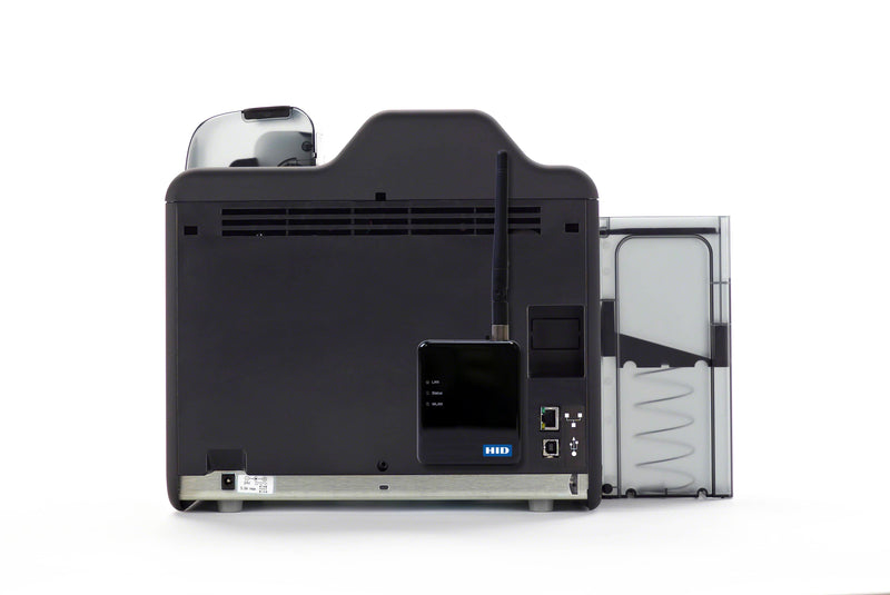 An HID Fargo HDP5000 base model card printer with WI-FI adapter module and back focused.