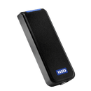 An HID Signo 20 PACS reader left-tilted with blue LED.