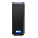 An HID Signo 20 PACS reader straight facing with blue LED.