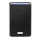 An HID Signo 40 PACS reader straight facing with blue LED.