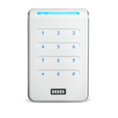 A white HID Signo 40K PACS reader straight facing with blue LED.