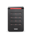 An HID Signo 40K PACS reader straight facing with red LED.