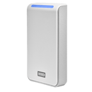 A white HID Signo 20 PACS reader left-angled with blue LED.