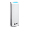 A white HID Signo 20 PACS reader right-angled with blue LED.