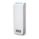 A white HID Signo 20 PACS reader left-angled with blue LED.