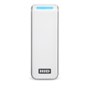 A white HID Signo 20 PACS reader straight facing with blue LED.