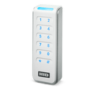A white HID Signo 20 PACS reader left-angled with blue LED.