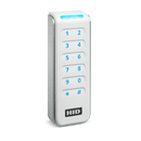 A white HID Signo 20 PACS reader right-angled with blue LED.