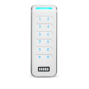 A white HID Signo 20 PACS reader straight facing with blue LED.