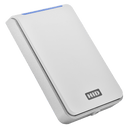 A white HID Signo 40 PACS reader left-angled tilted with blue LED.