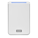 A white HID Signo 40 PACS reader straight facing with blue LED.