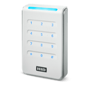 A white HID Signo 40K PACS reader left-angled tilted with blue LED.